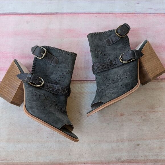 Gee‎ WaWa Bangle Suede Open Toe Ankle Booties 8.5 Boho Retro Block Heel - Picture 2 of 8